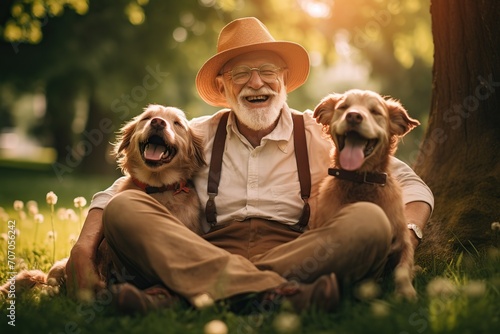 Senior man with his dogs in the park photo