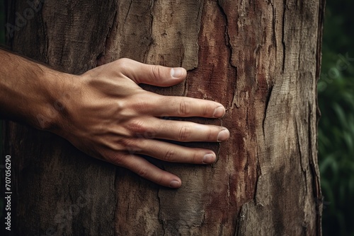 Man hand touching the tree trunk