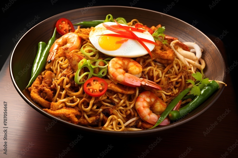 Mee Goreng Mamak, spicy fried noodles with prawns, tofu, and eggs, Mee Goreng Mamak, spicy fried noodles with prawns, tofu, and eggs,