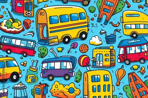 Cartoon cute doodles featuring hand-drawn elements of school buildings, buses, and backpacks in a charming and vibrant seamless design, Generative AI