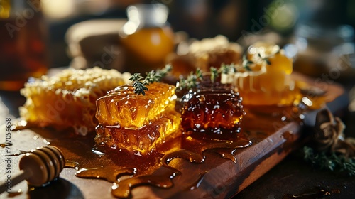 Honeycombs with honey and thyme on a wooden board