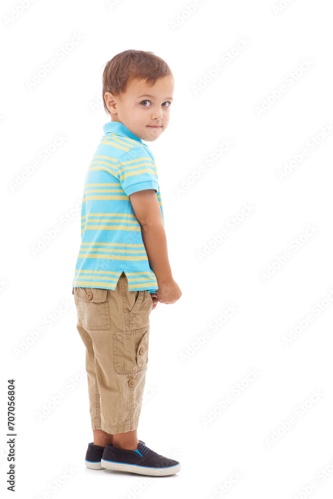 Child, portrait and guilty of mistake in studio or white background, mockup or development. Male person, model and sneaky face kindergarten or nervous student as naughty problem, uncertain or worried Child, portrait and guilty of mistake in studio or white background, mockup or development. Male person, model and sneaky face kindergarten or nervous student as naughty problem, uncertain or worried