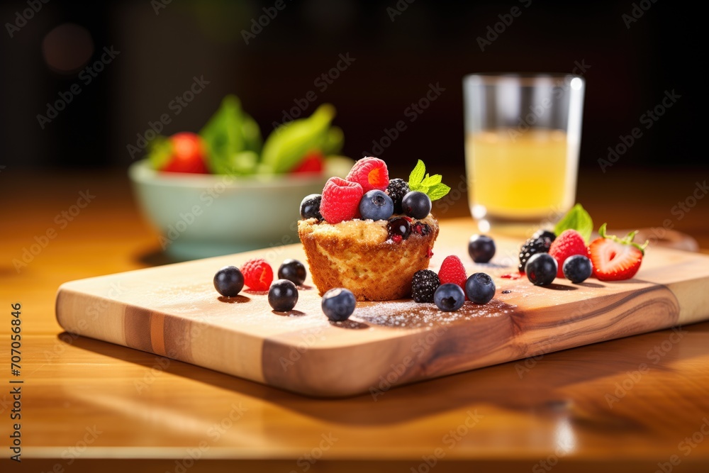 muffin with a side of fresh berries on a wooden board