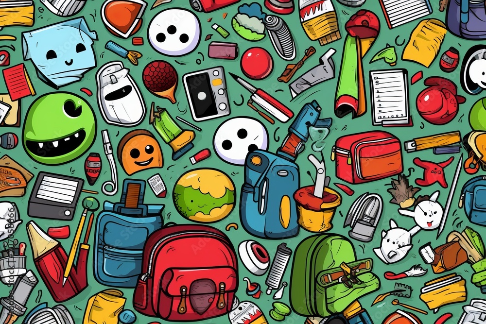 Fototapeta premium Cartoon cute doodles featuring hand-drawn elements of school buses, backpacks, and chalkboards in a delightful and nostalgic seamless pattern, Generative AI