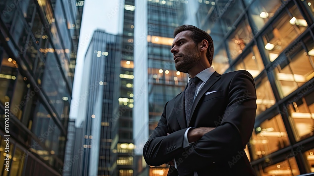 Confident young businessman looking away while standing with arms crossed in city Confident young businessman looking away while standing with arms crossed in city