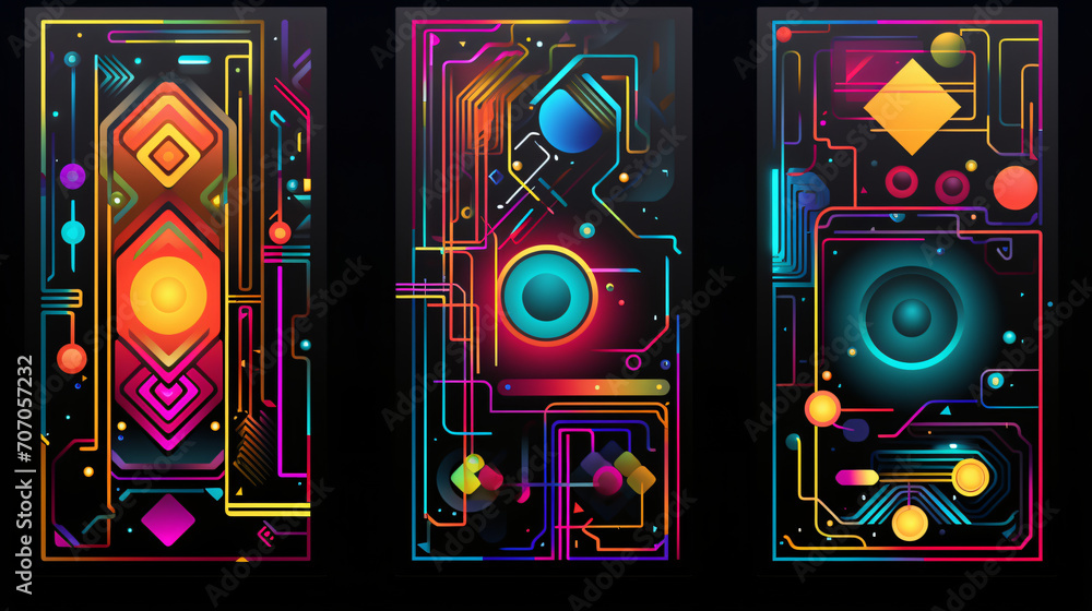 Colorful abstract geometric panels with magical neon lights