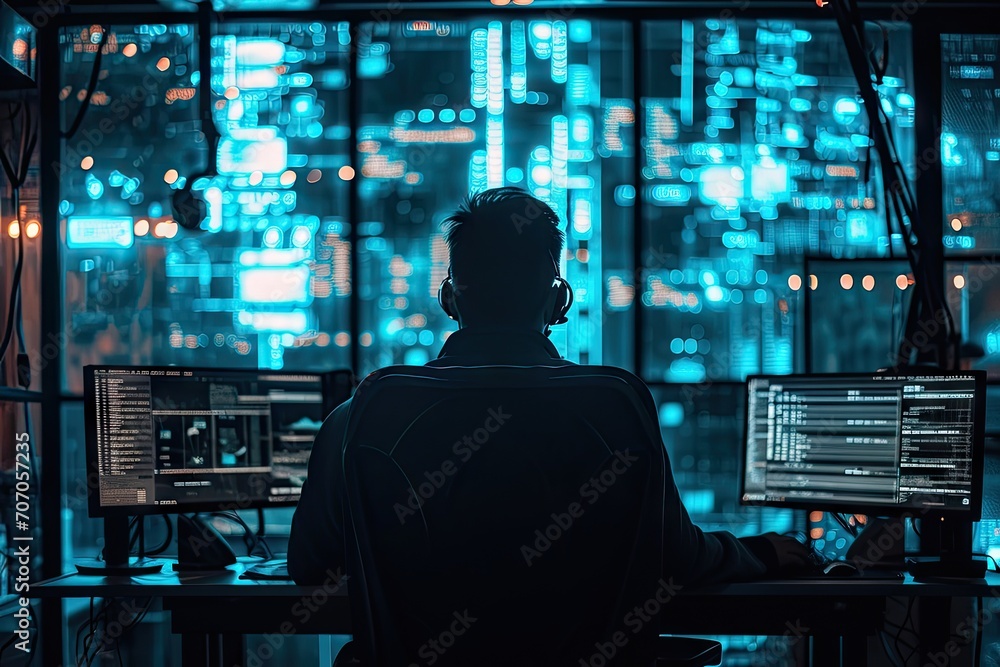 Digital guardian. Professional cybersecurity specialist monitoring dark room with computer servers ensuring security and integrity of information in futuristic technological facility Digital guardian. Professional cybersecurity specialist monitoring dark room with computer servers ensuring security and integrity of information in futuristic technological facility