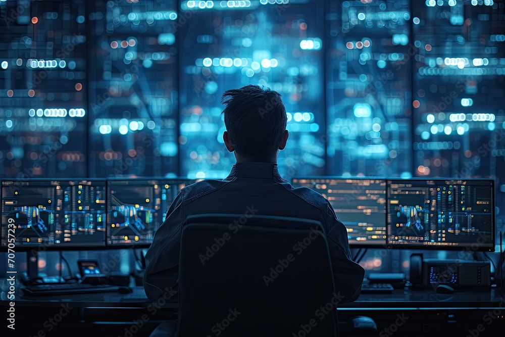 Digital guardian. Professional cybersecurity specialist monitoring dark room with computer servers ensuring security and integrity of information in futuristic technological facility Digital guardian. Professional cybersecurity specialist monitoring dark room with computer servers ensuring security and integrity of information in futuristic technological facility