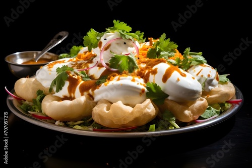 Mouthwatering dahi puri, crispy hollow puris filled with yogurt, chutneys, and spices, photo