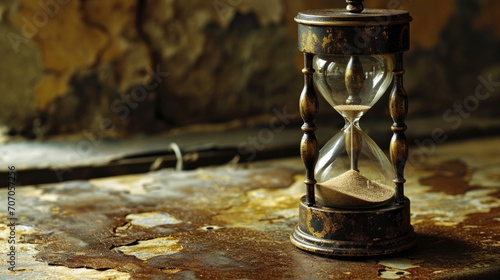 Old hourglass on a rusty background. Concept of time and deadline