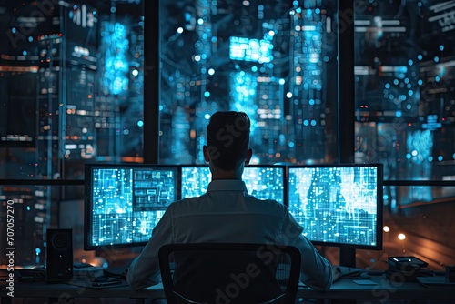 Digital guardian. Professional cybersecurity specialist monitoring dark room with computer servers ensuring security and integrity of information in futuristic technological facility