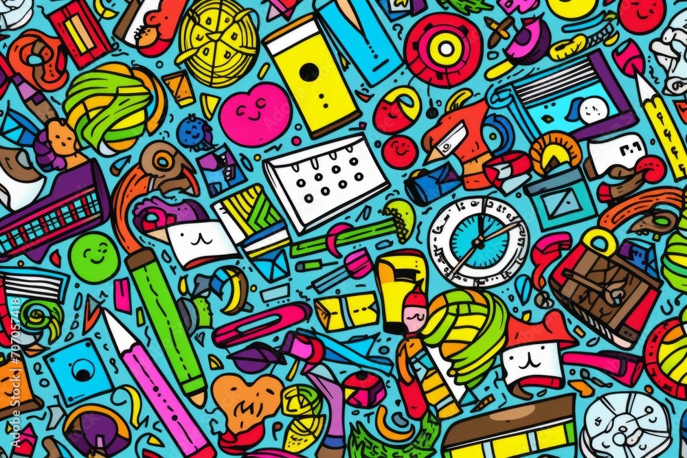 Fototapeta premium Cartoon cute doodles illustrating a variety of school-related items, including computers, books, and rulers, in a modern and vibrant seamless design, Generative AI