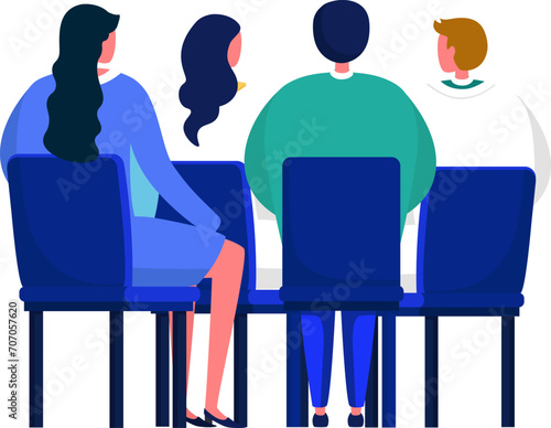 Three people sitting in a row, two women and a man in the middle. People in a meeting or audience setting. Professional group listening vector illustration.