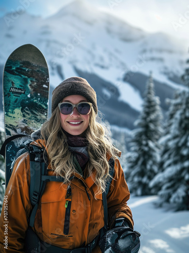 A woman in the mountains with a snowboard. The effect of film photography