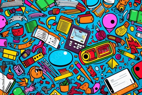 Cartoon cute doodles illustrating a variety of school-related items, including pens, highlighters, and rulers, in a playful seamless pattern, Generative AI