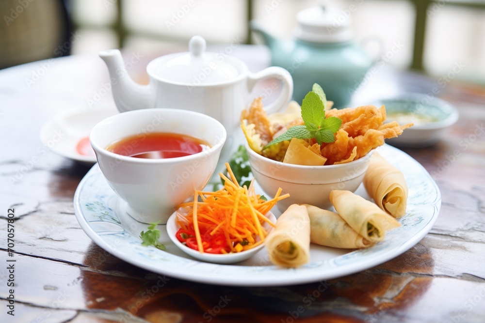 variety of spring rolls, some fried, with sweet chili sauce variety of spring rolls, some fried, with sweet chili sauce