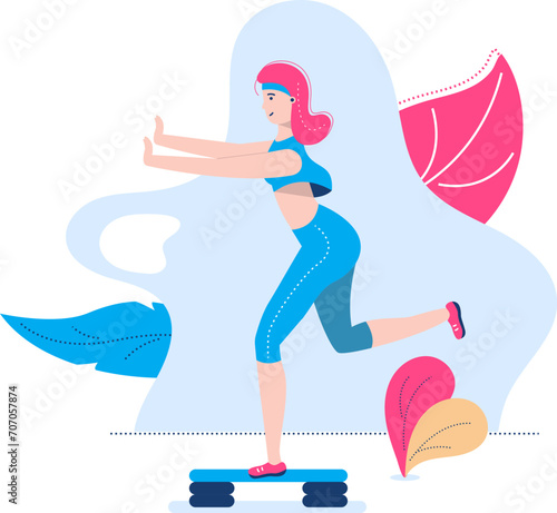 Young woman exercising on a stepper, fitness workout. Female in sportswear doing aerobics, healthy lifestyle vector illustration.