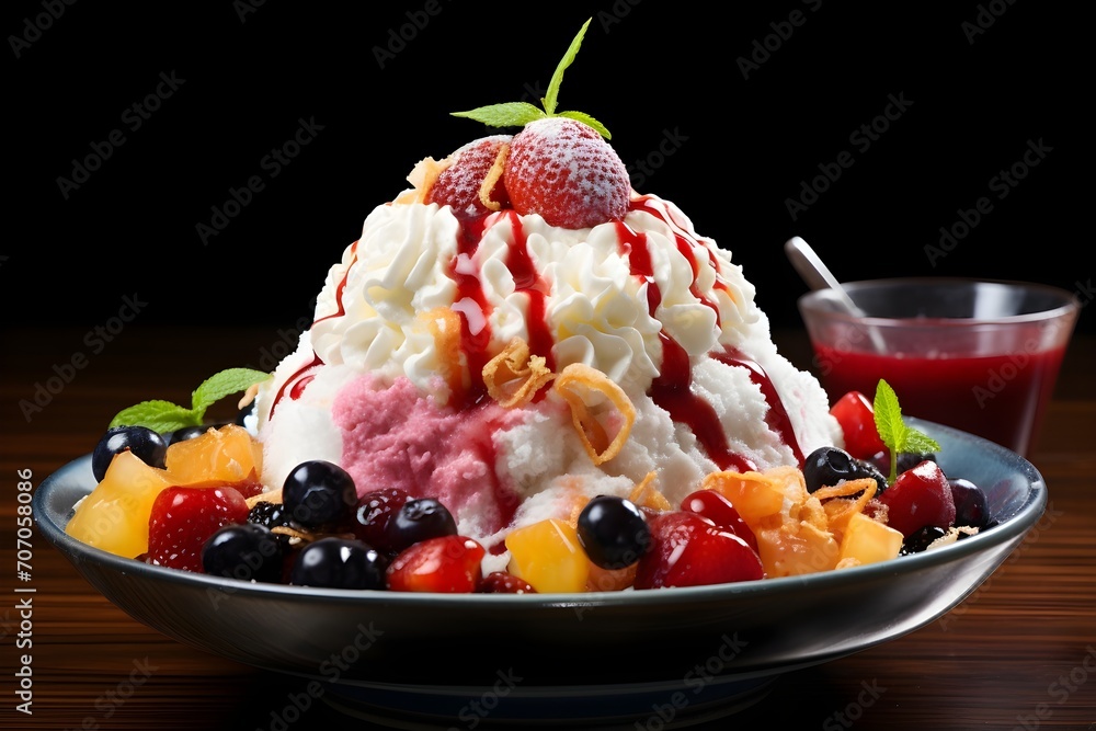 Patbingsu, a delightful Korean shaved ice dessert topped with sweet red beans, fruits, and condensed milk, Patbingsu, a delightful Korean shaved ice dessert topped with sweet red beans, fruits, and condensed milk,