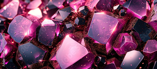 Luxurious shimmering pink and black gemstones with geometric facets, creating a vibrant mosaic of sparkling crystals photo