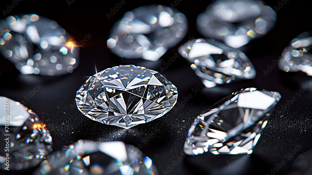 Brilliant cut diamonds scattered on a black surface, reflecting light and showcasing their flawless clarity and luxurious sparkle, symbolizing wealth and opulence Brilliant cut diamonds scattered on a black surface, reflecting light and showcasing their flawless clarity and luxurious sparkle, symbolizing wealth and opulence