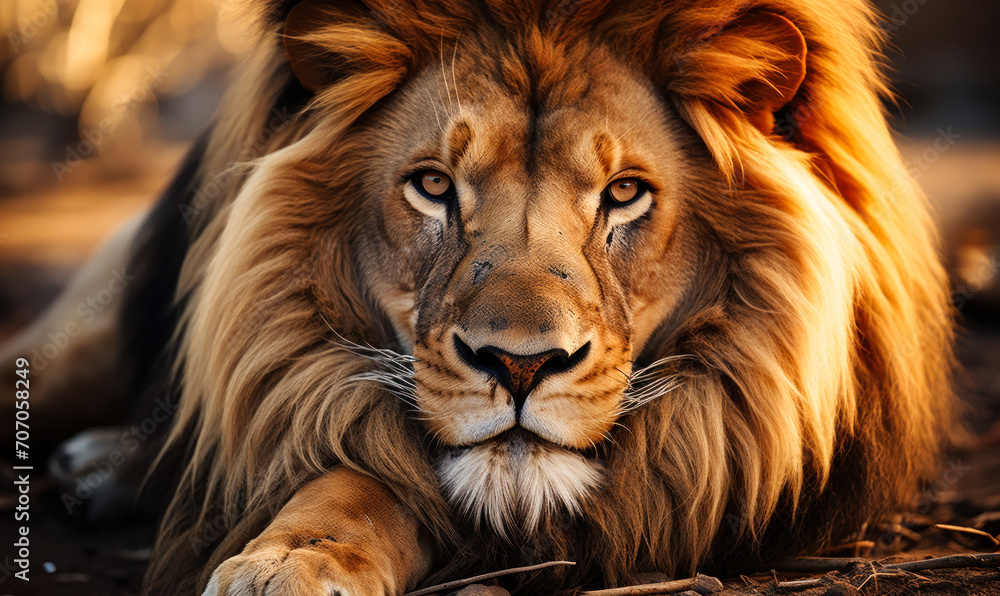 Fototapeta premium Intense gaze of a majestic lion resting on the savannah, his mane framing a face full of power and nobility against the warm earth tones of his natural habitat