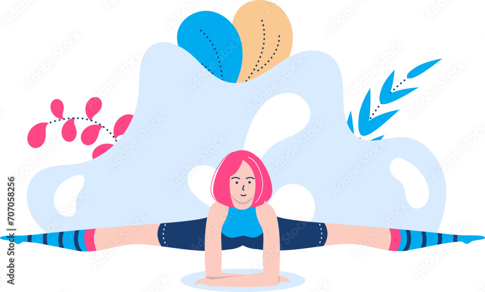 Female cartoon character performing yoga splits. Pink haired woman doing fitness exercise in abstract background. Wellness and flexibility concept vector illustration.