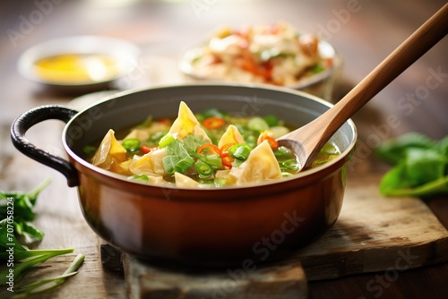 homemade wonton soup in a rustic pot with ladle photo