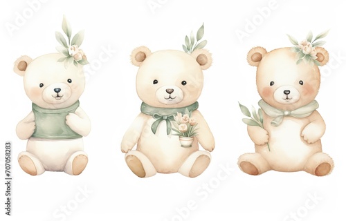 cute watercolor baby teddy bear in green cream tone color collection set on white background, Generative Ai