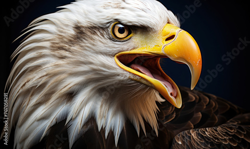 Majestic bald eagle portrait with open beak against a dark background, showcasing the fierce beauty and strength of this iconic bird of prey