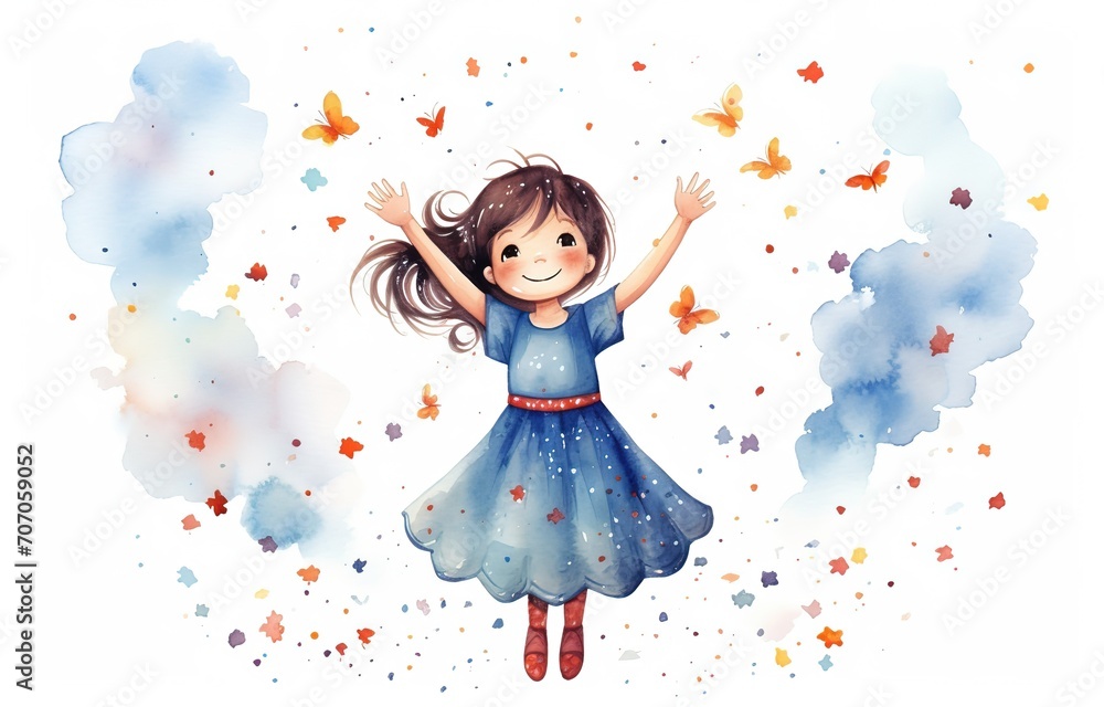 watercolor illustration, cheerful happy girl play with butterfly,  isolated on white background, Generative Ai