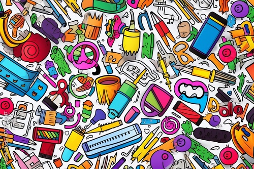 Cartoon cute doodles of school-related items like crayons, scissors, and erasers creating a vibrant and colorful seamless backdrop, Generative AI