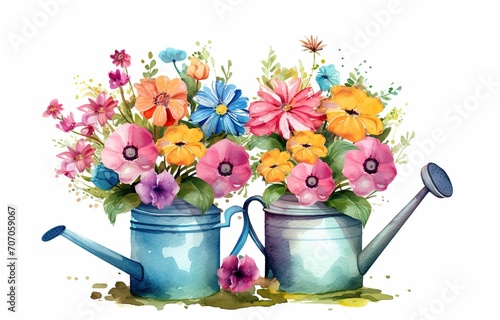 watercolor illustration of cute spring flowers in watering can, Generative Ai photo