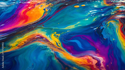 A vibrant rainbow of colors swirl and blend in a mesmerizing dance  as oil evaporates into the deep blue waters below. The surface shimmers with a glossy sheen  while below  the colors take on a dream