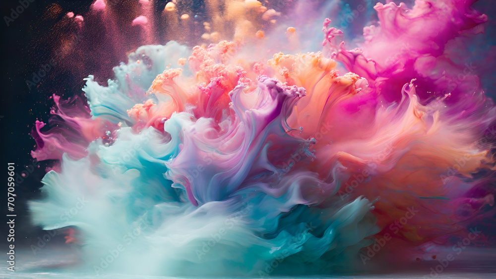 captivating sight of pastel-colored powder exploding in every direction, beautifully frozen in time through a super long exposure and slow shutter photography technique - obrazy, fototapety, plakaty 