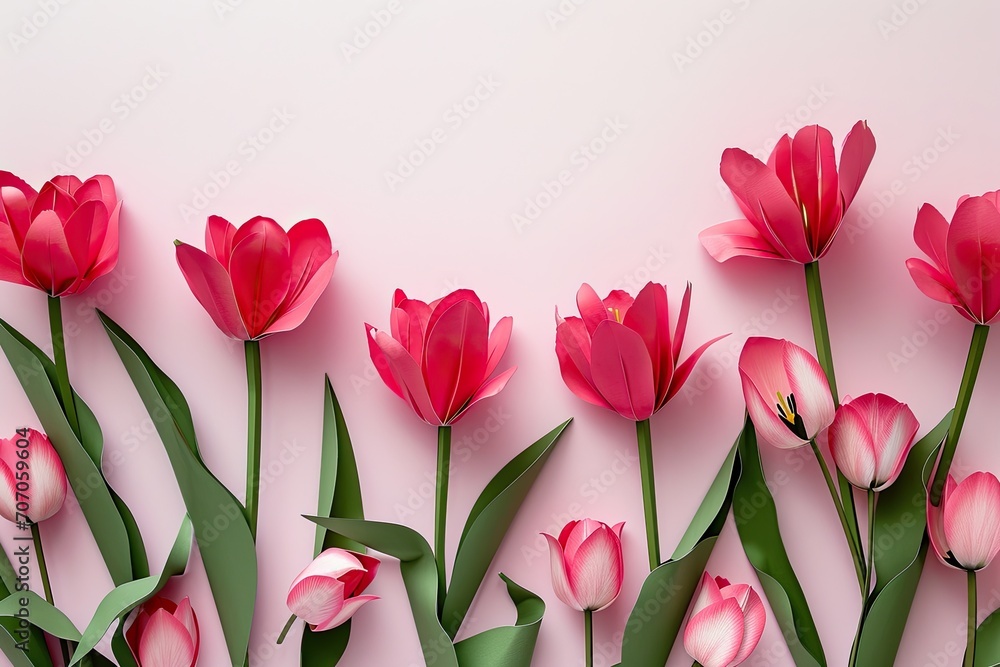 Fototapeta premium Paper cut art March 8 greeting card Paper cut tulips greeting card for International Women`s Day