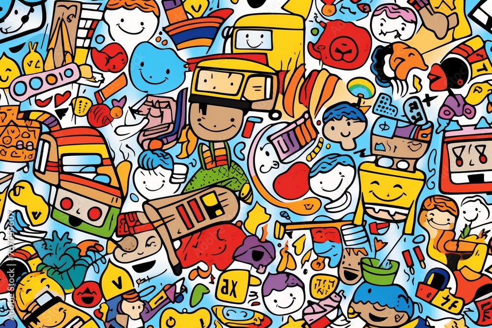 Fototapeta premium Cartoon cute doodles showcasing doodle elements of happy students engaged in various learning activities, forming an educational and, Generative AI