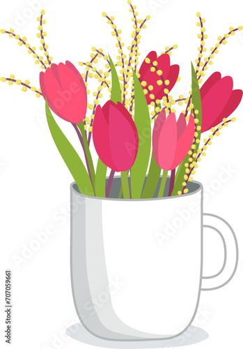 Red tulips and yellow mimosa flowers in white mug, spring bouquet vector illu...