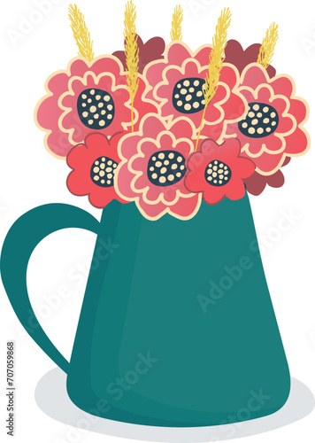 Colorful flowers in a blue pitcher, stylized floral arrangement with wheat. H...
