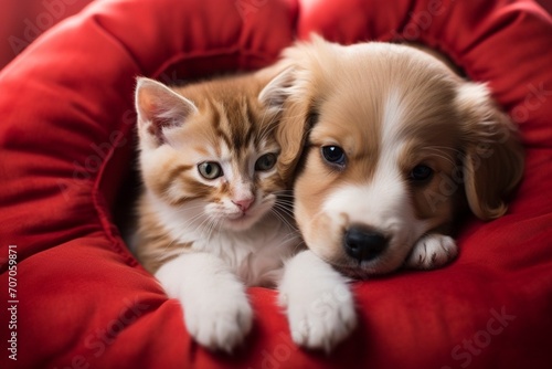 Kitten and puppy lying together on red pillow Valentine's Day concept