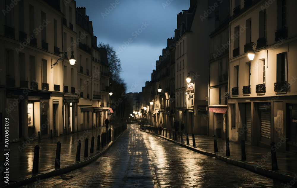 old street with glowing lamps in the rainy weather created with Generative AI technology