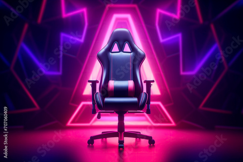 gaming chair on a purple and pink futuristic neon lights background photo