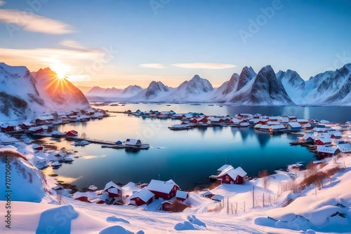 Beautiful winter landscapes in Lofoten islands, Northern Norway. wintry season. Amazing winter nature scenery. Fantastic colorful sunset over north fjord above snow covered mountains beautiful view