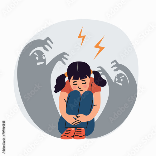 Little girl experiences fear, fright, stress. Phobia night monster.Vector flat style cartoon  illustration.