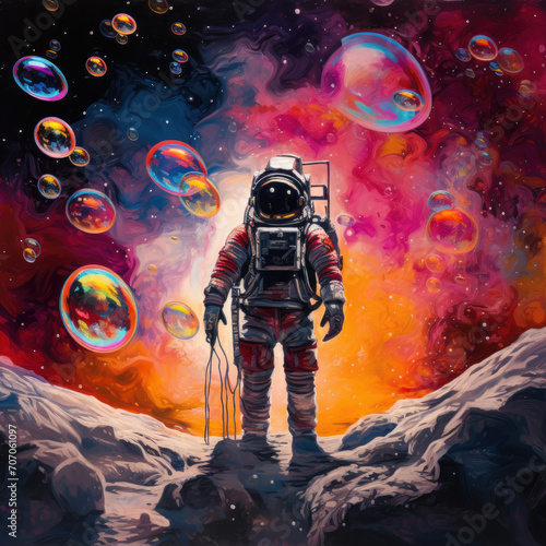 In a different galaxy, a beautiful painting captures an astronaut surrounded by colorful bubbles on an alien planet. ai generative