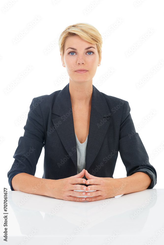 Job interview, studio or portrait of a businesswoman at desk for recruitment, hiring or start in corporate. Serious face, assertive or professional lady with confidence isolated on a white background Job interview, studio or portrait of a businesswoman at desk for recruitment, hiring or start in corporate. Serious face, assertive or professional lady with confidence isolated on a white background