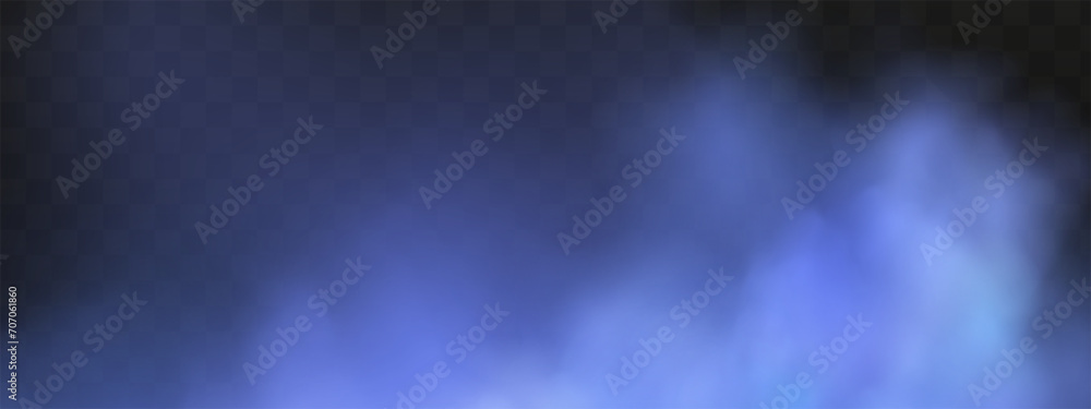 Blue magical fog over the ground.Illustration of night transparent clouds and fog over the river. Realistic neon magic mist steam on a transparent dark background. Blue magical fog over the ground.Illustration of night transparent clouds and fog over the river. Realistic neon magic mist steam on a transparent dark background.