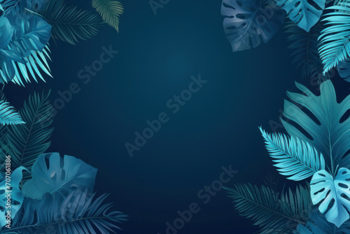 Discover botanical bliss with a Collection of tropical leaves The blue space background adds a touch of elegance to this modern and creative composition. ai generative