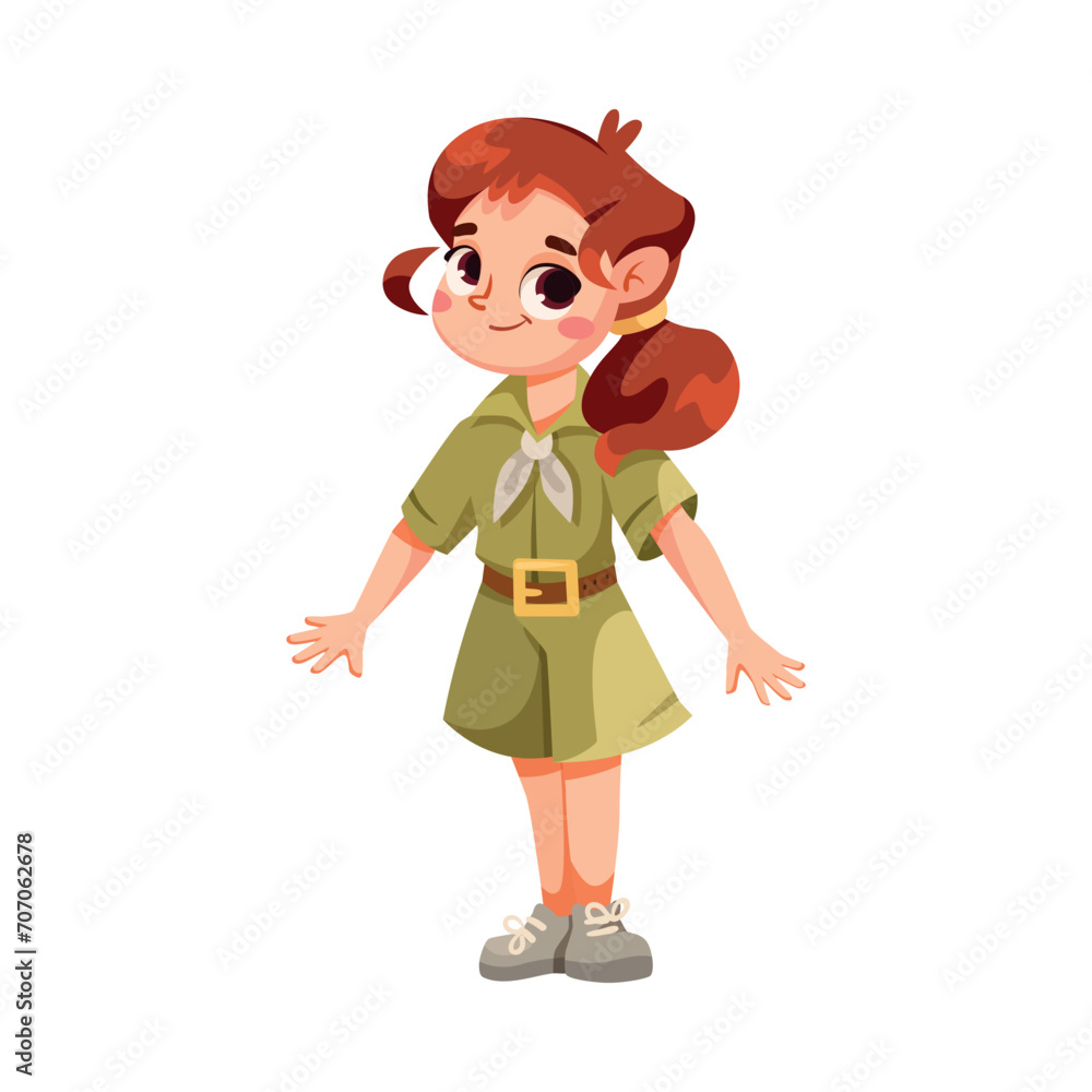 Cute Girl Character in Safari Outfit Standing and Smiling Vector Illustration