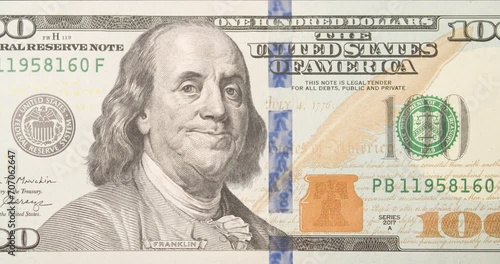 Benjamin Franklin on hundred dollar bill usd. Facial expressions of United States president. Smile face, happy. Funny character animation of the USA money. Finance Business Investment concept photo