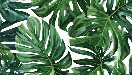 Floral seamless pattern  green  black and white split-leaf Philodendron plant with vines on white background  pastel vintage theme